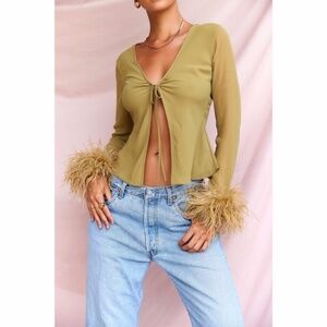 NEW House of CB Claudia Feather Trimmed Top Olive XS